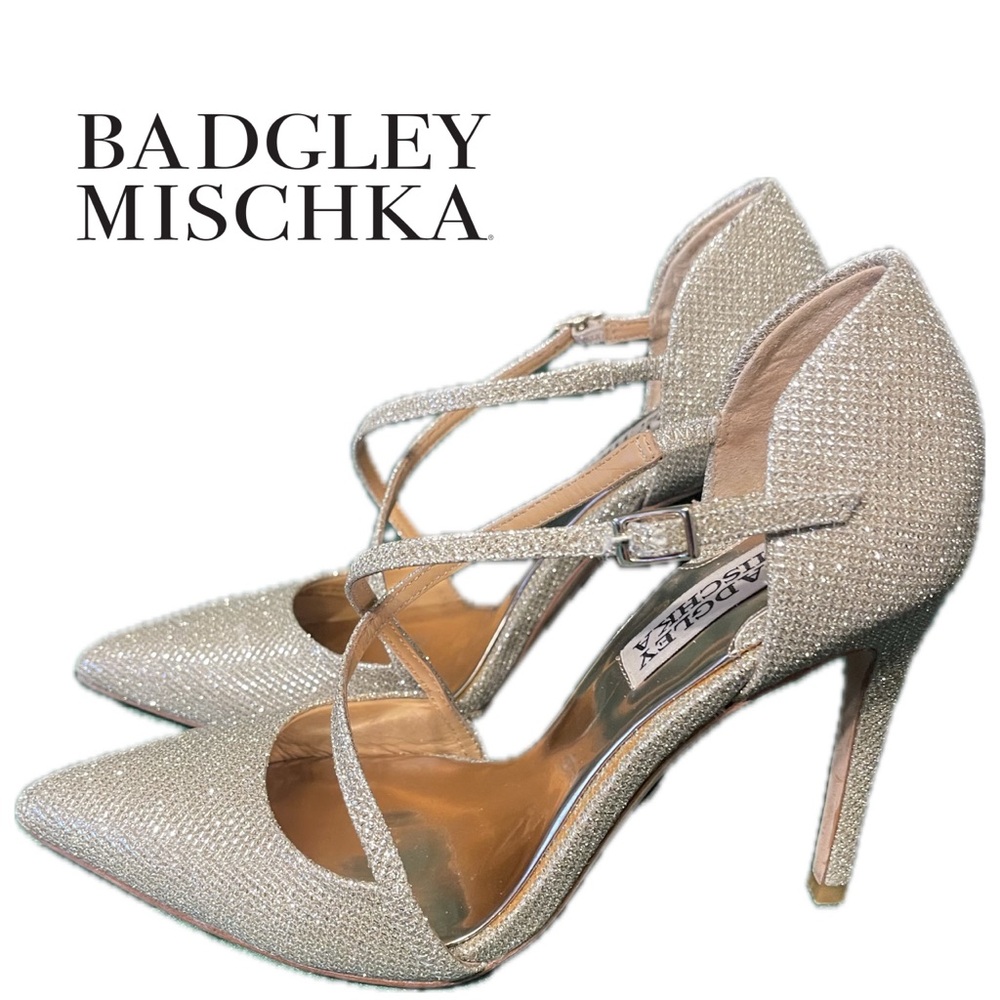 Badgley Mischka Gold Champagne Sparkle Ankle Strap Heel Wedding Designer 5 1/2